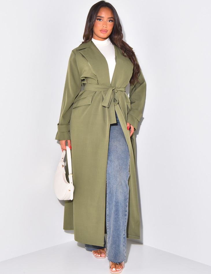 Long trench coat with tie and cargo pockets