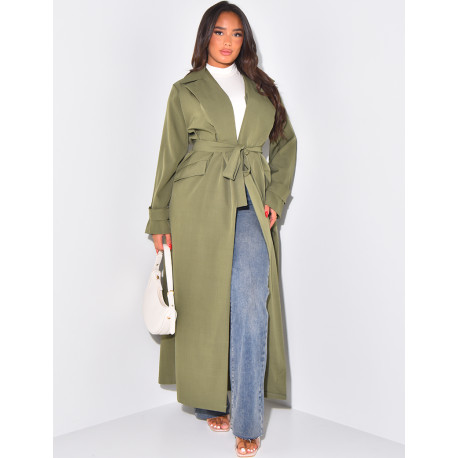 Long trench coat with tie and cargo pockets