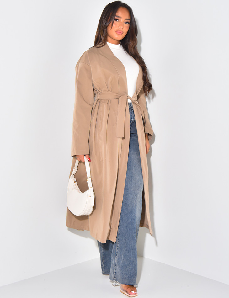 Long trench coat with tie at waist