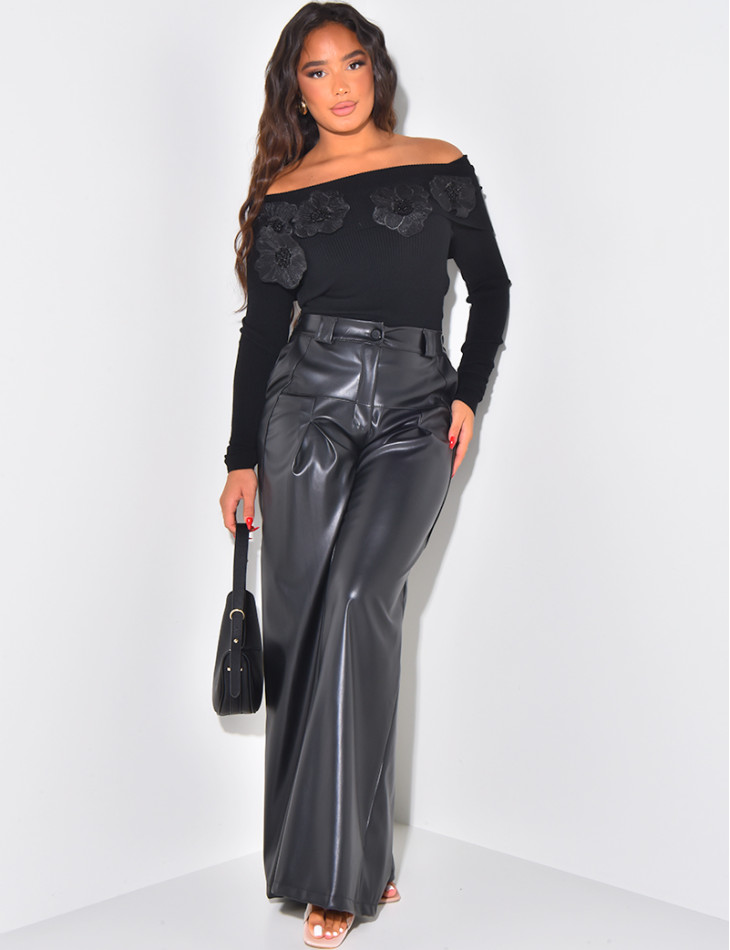 Straight-leg leatherette trousers with darts