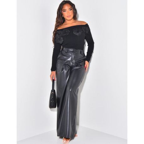 Straight-leg leatherette trousers with darts