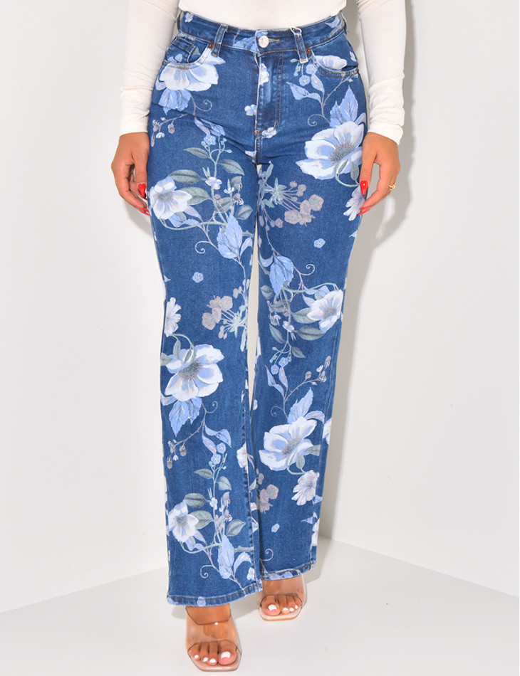 Stretchy straight-leg jeans with printed flowers