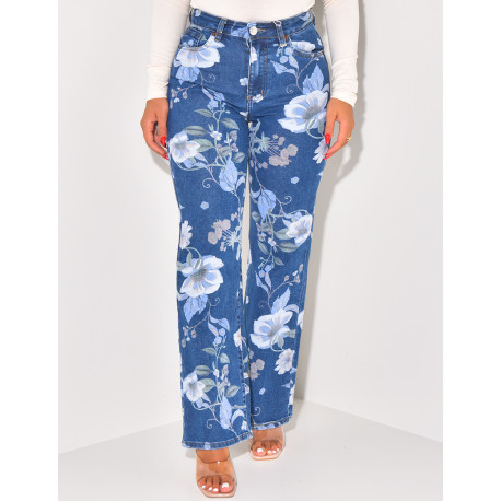 Stretchy straight-leg jeans with printed flowers