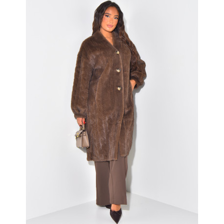 Braided cardigan-effect coat in premium faux fur