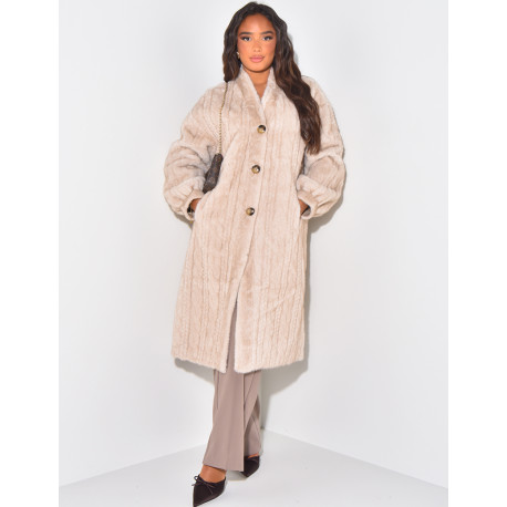 Braided cardigan-effect coat in premium faux fur