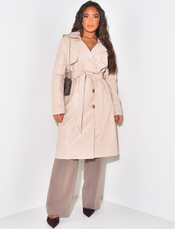 Mid-length trench coat in imitation leather