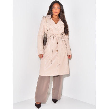 Mid-length trench coat in imitation leather