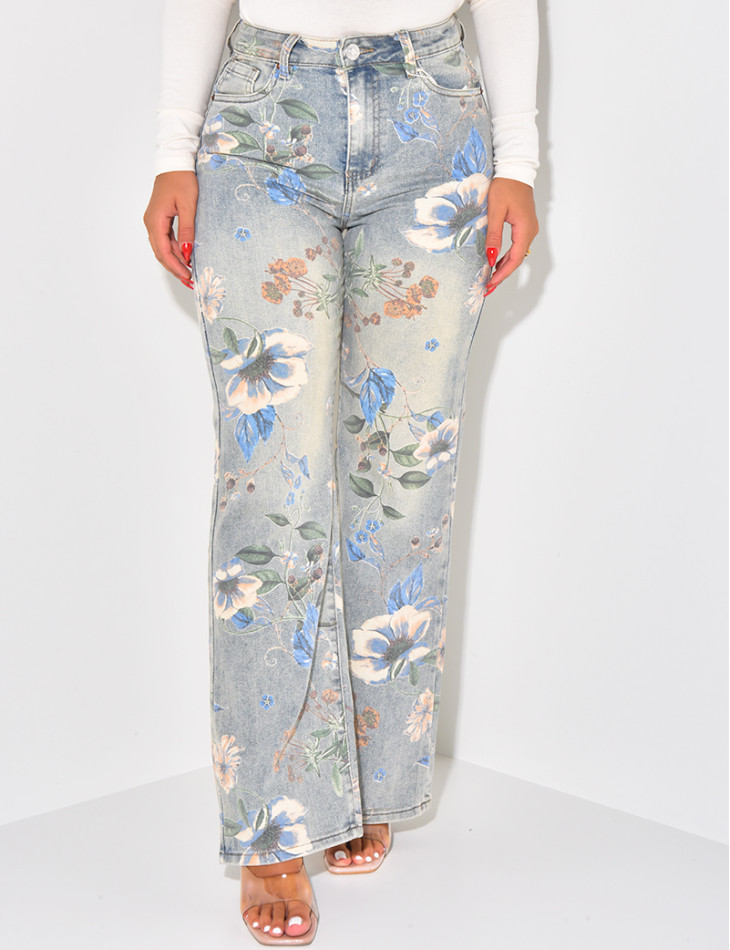 Stretchy straight-leg jeans with printed flowers