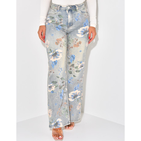 Stretchy straight-leg jeans with printed flowers