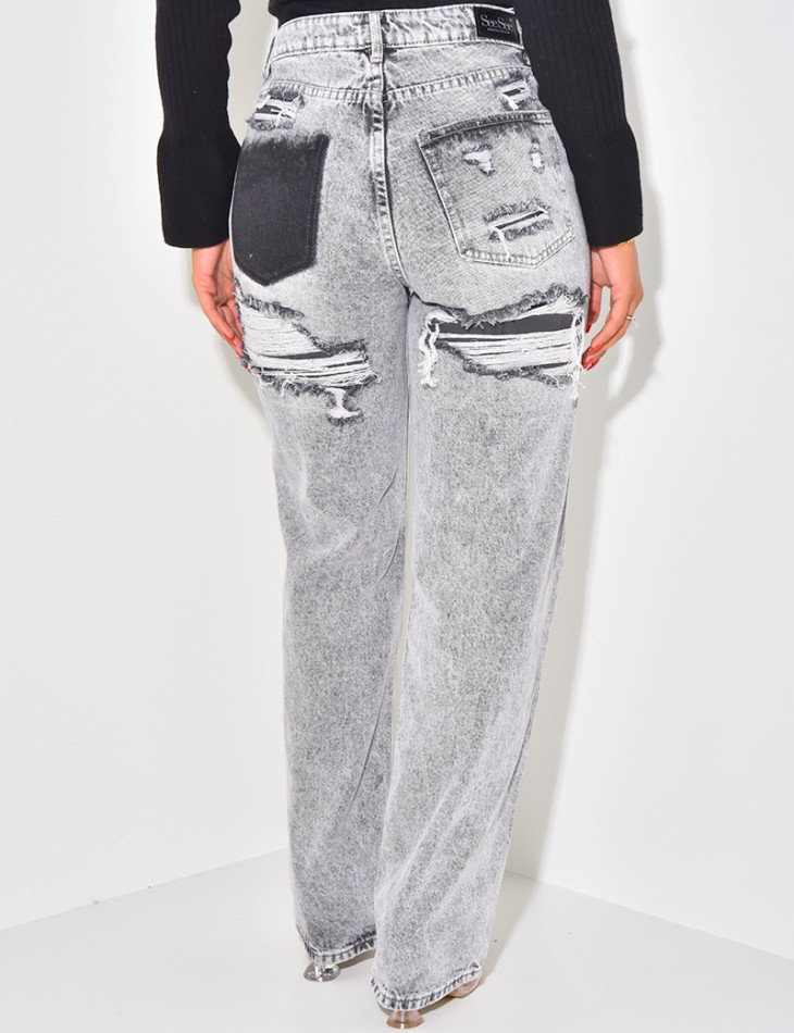 Grey Destroyed Straight Leg Jeans