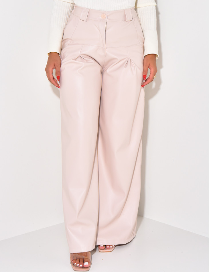 Straight-leg leatherette trousers with darts