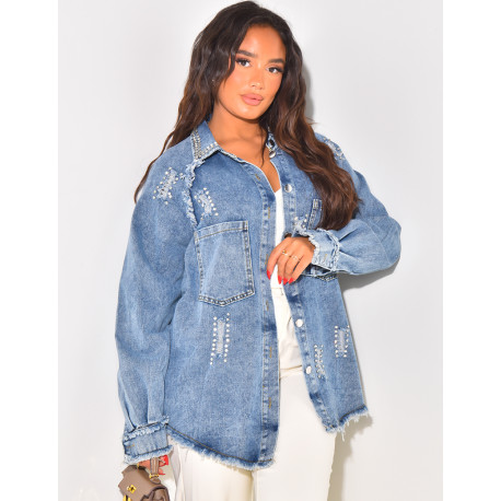 Oversized destroy jeans shirt with rhinestones