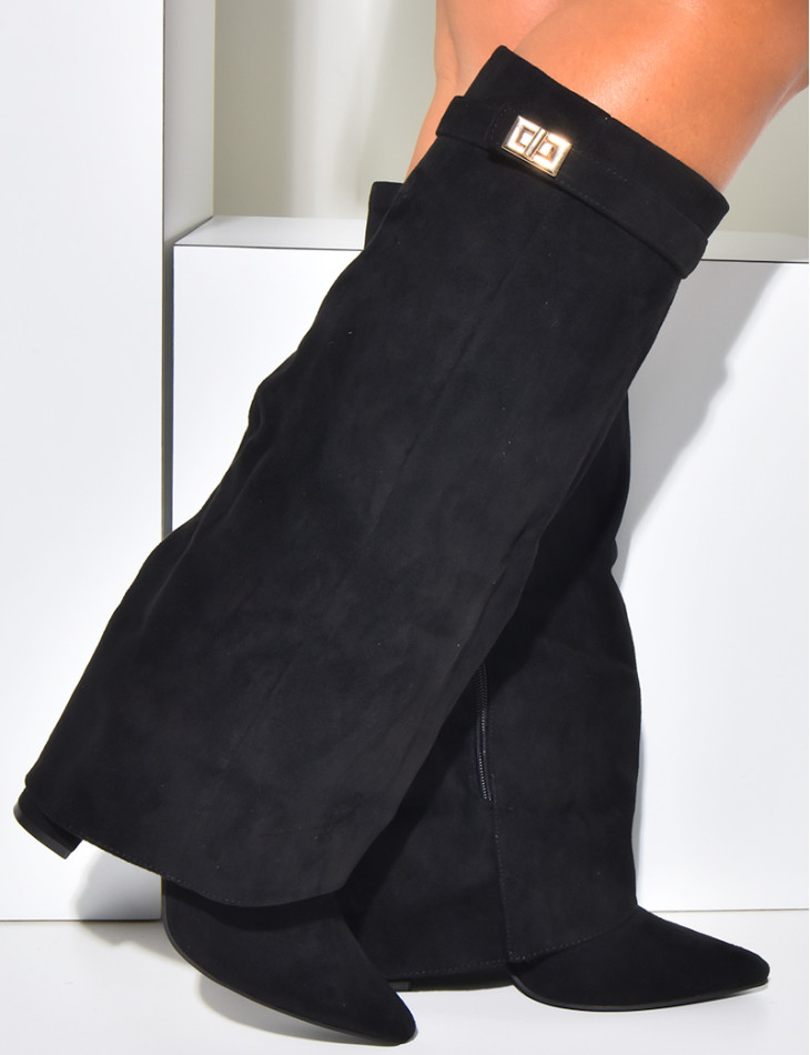 Suedette boots with square heels and flap