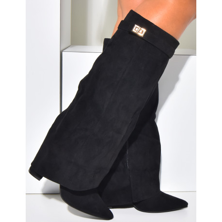 Suedette boots with square heels and flap