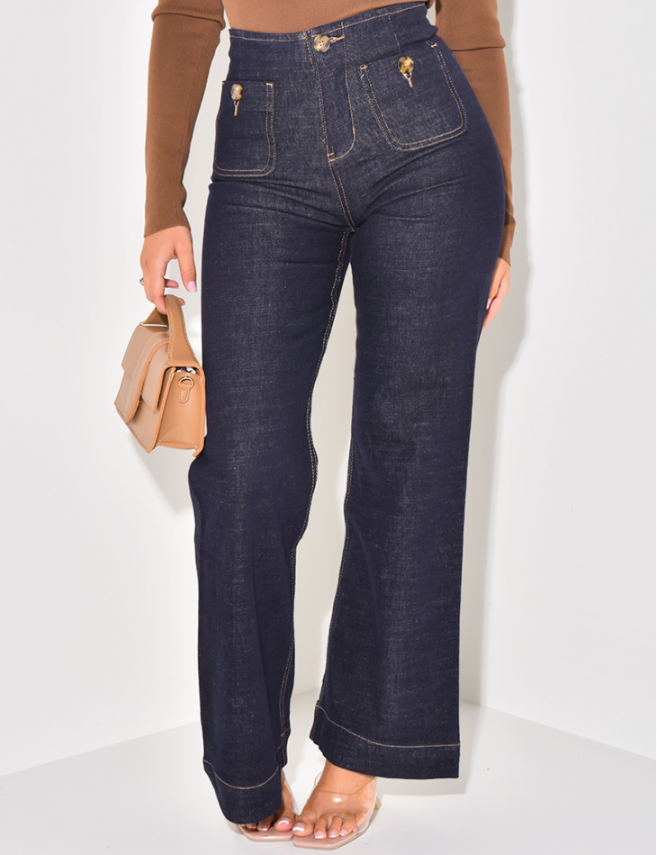 Raw stretchy flare jeans with buttoned pockets