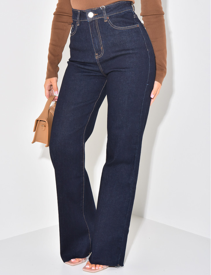 Jeans taille haute coupe droite bleu brut