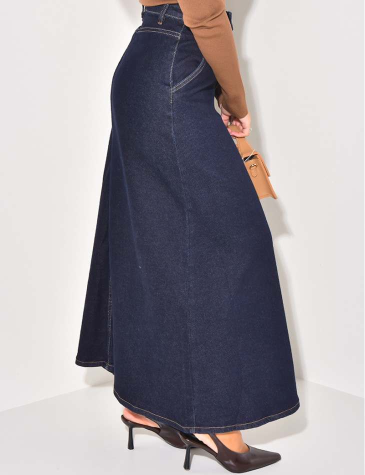 Long stretchy denim skirt in raw blue