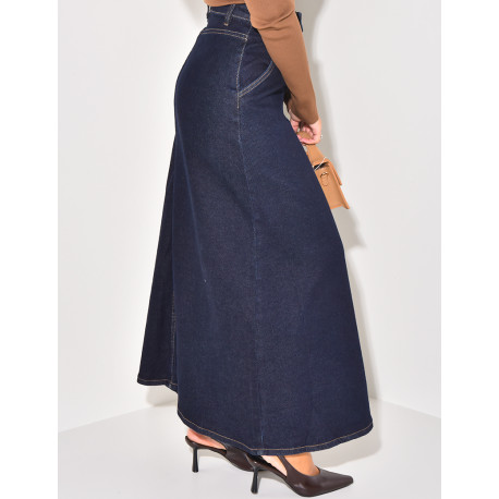 Long stretchy denim skirt in raw blue