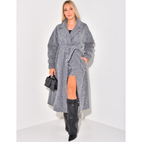 Oversized coat in mottled wool with tie