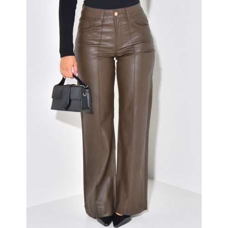 Imitation leather straight-leg trousers