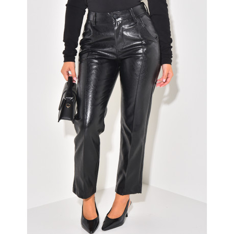 High-waisted shiny leatherette trousers