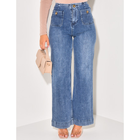 Washed stretchy flare jeans with buttoned pockets