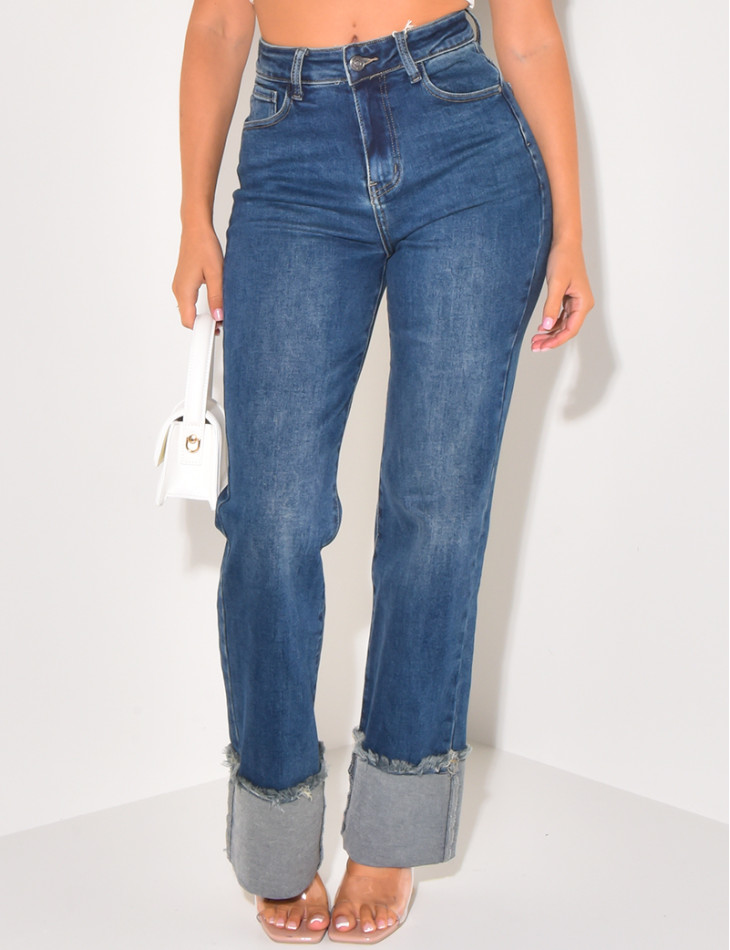 Washed stretchy straight-leg jeans with hem