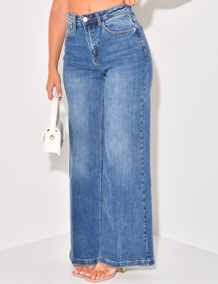 Faded blue stretchy wide-leg jeans