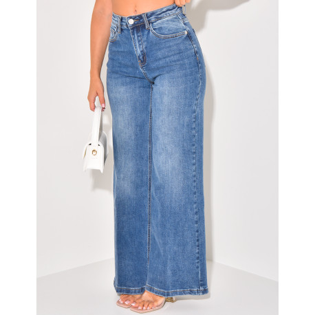 Faded blue stretchy wide-leg jeans