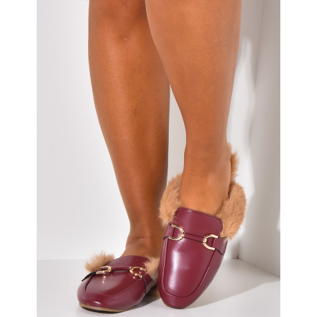 Furry mules with gold jewelry,