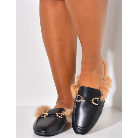 Furry mules with gold jewelry,