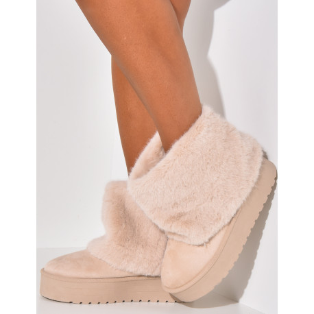 Suede ankle boots with fur flap