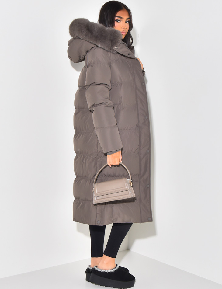 Long down jacket with fur hood