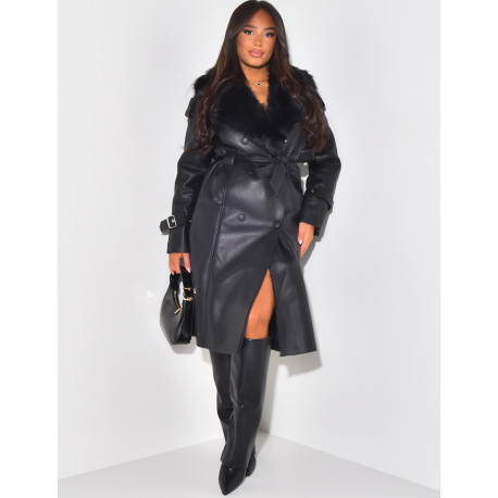 Faux Leather Coat with Faux Fur