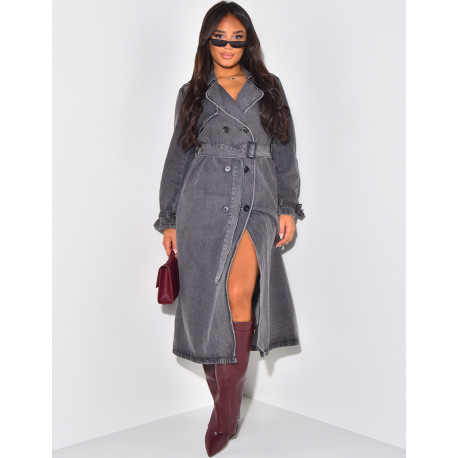 Oversized jeans trench coat with tie