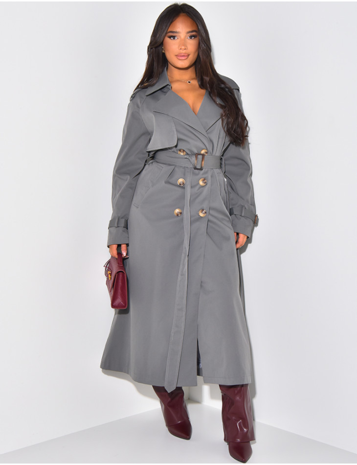 Very long trench coat to tie at the waist