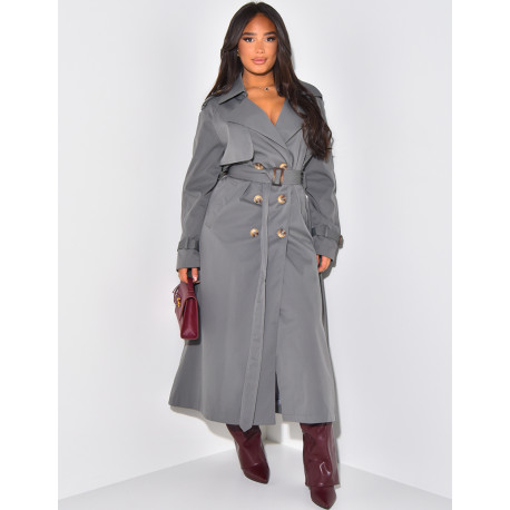 Very long trench coat to tie at the waist