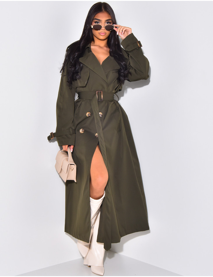 Very long trench coat to tie at the waist