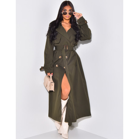 Very long trench coat to tie at the waist