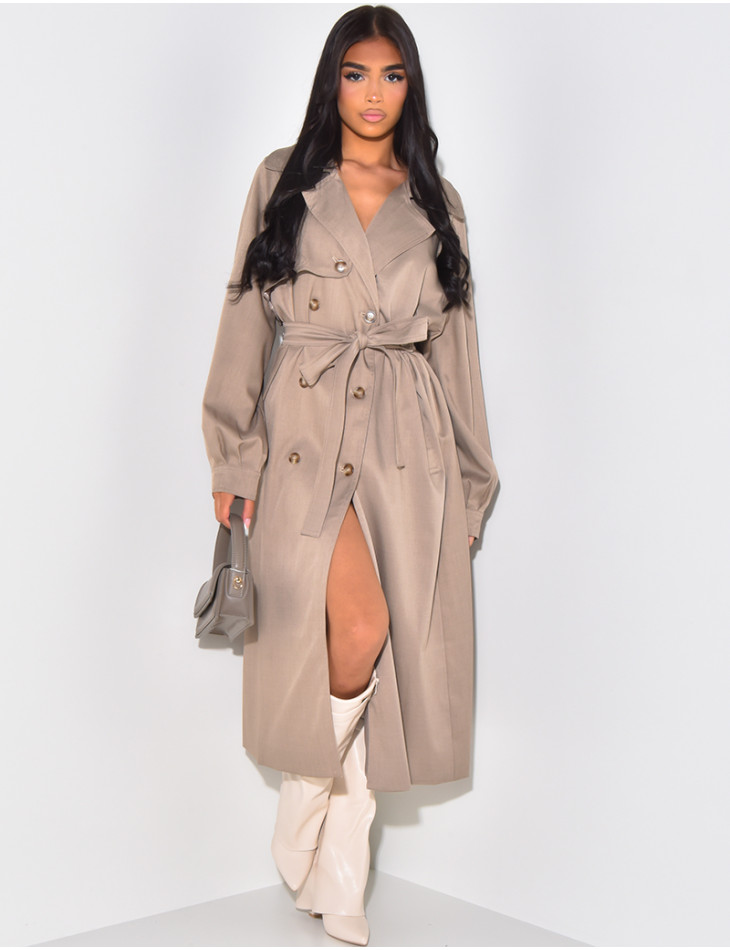 Fluid mottled-effect trench coat with tie