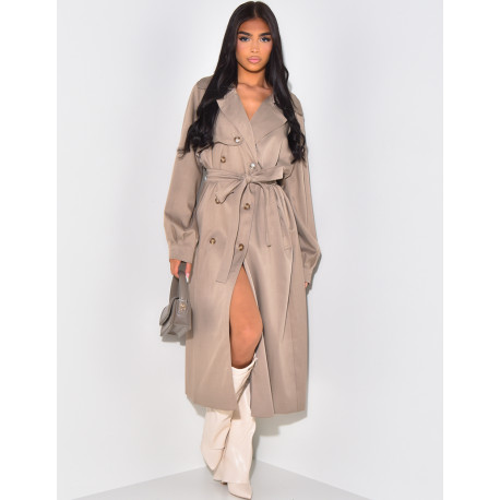 Fluid mottled-effect trench coat with tie