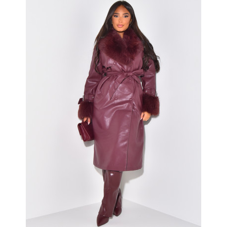 Faux leather coat with faux fur interior