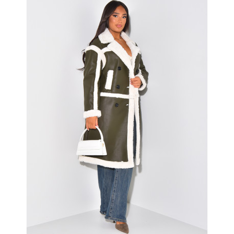 Faux leather coat with faux fur lining