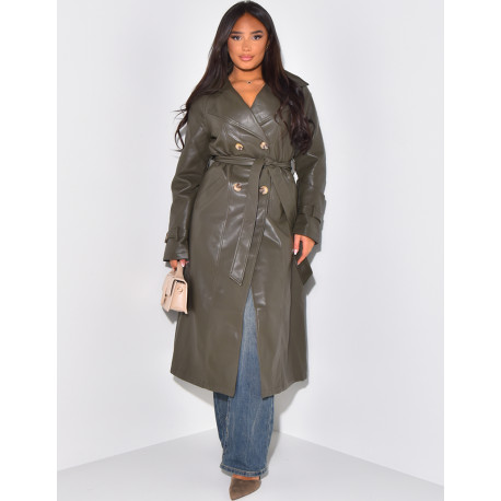 Very long trench coat in imitation leather with tie fastening