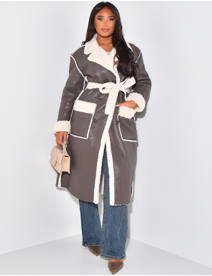 Faux Leather Coat with Faux Fur