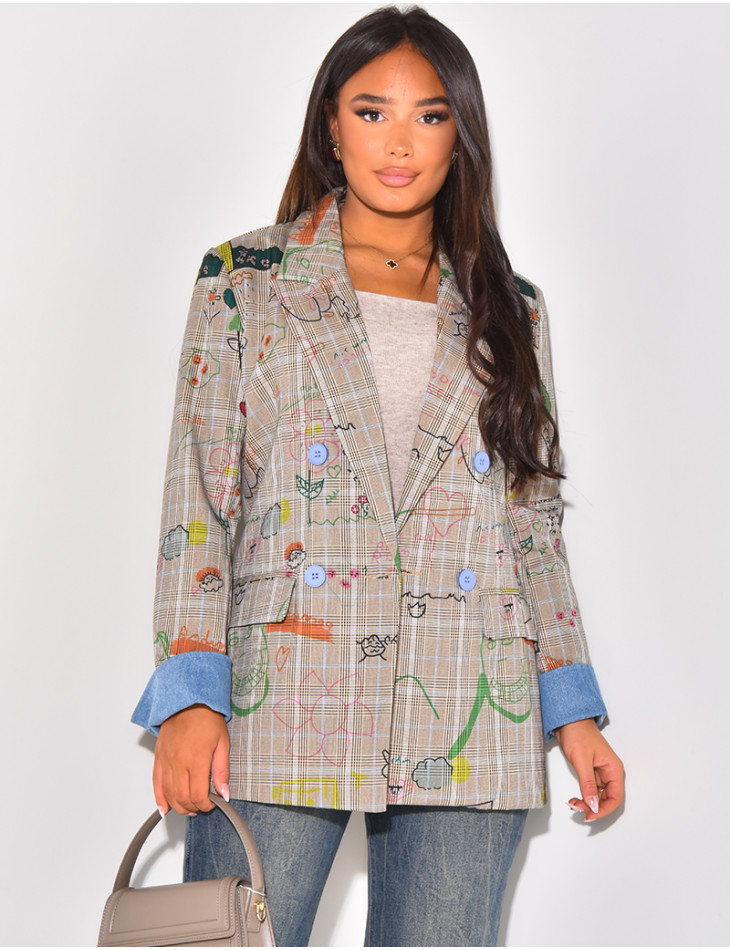 Blazer oversize à carreaux & motifs dessins