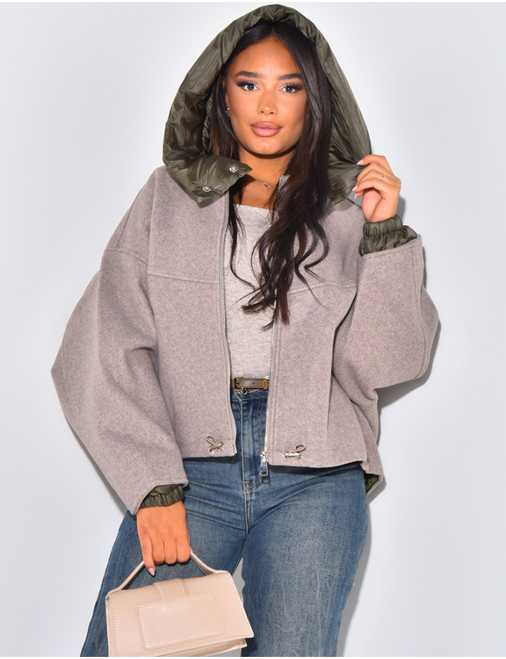 Oversized felt jacket with quilted collar and hood