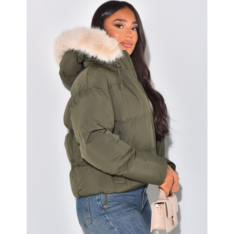 Short down jacket with fur hood