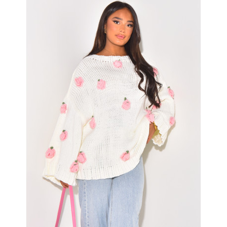 Oversize-Pullover aus Wolle mit geprägten Rosen