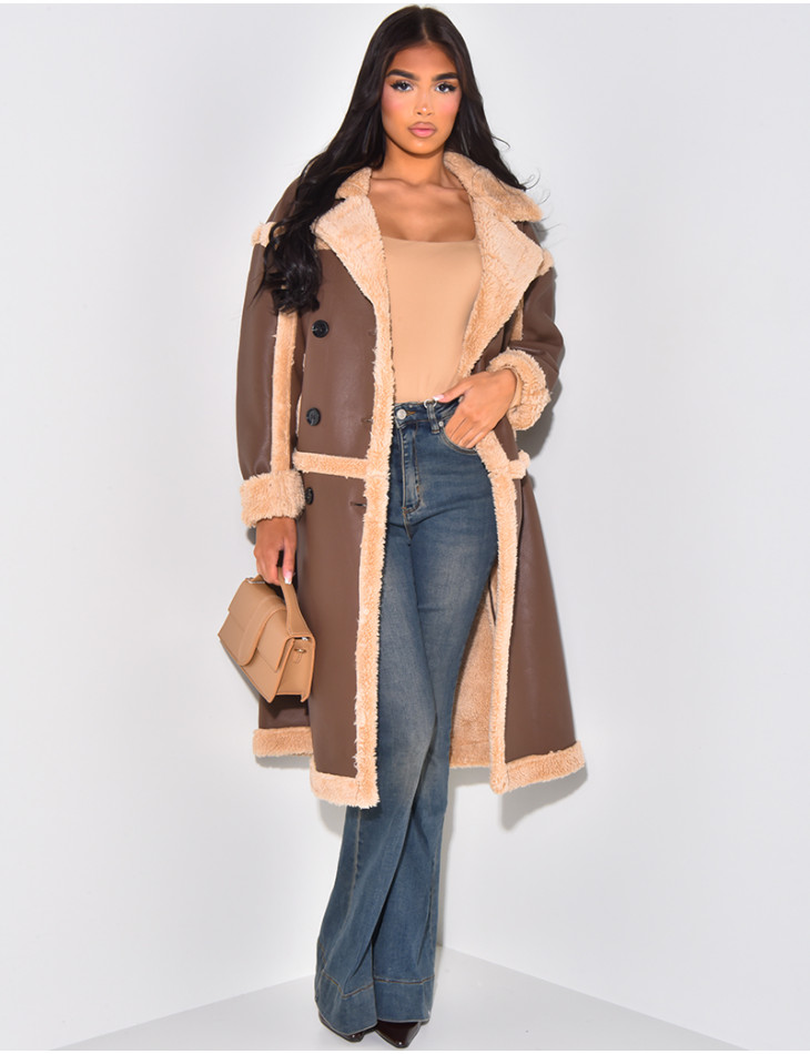 Faux leather coat with faux fur lining